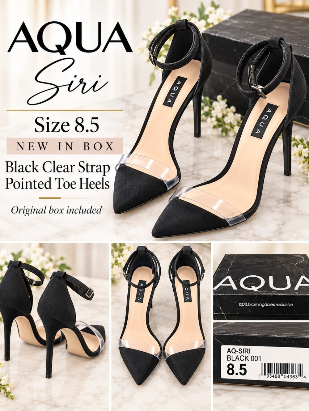 AQUA Siri Black Clear Strap Pointed Toe Stiletto Heels 8.5 NIB